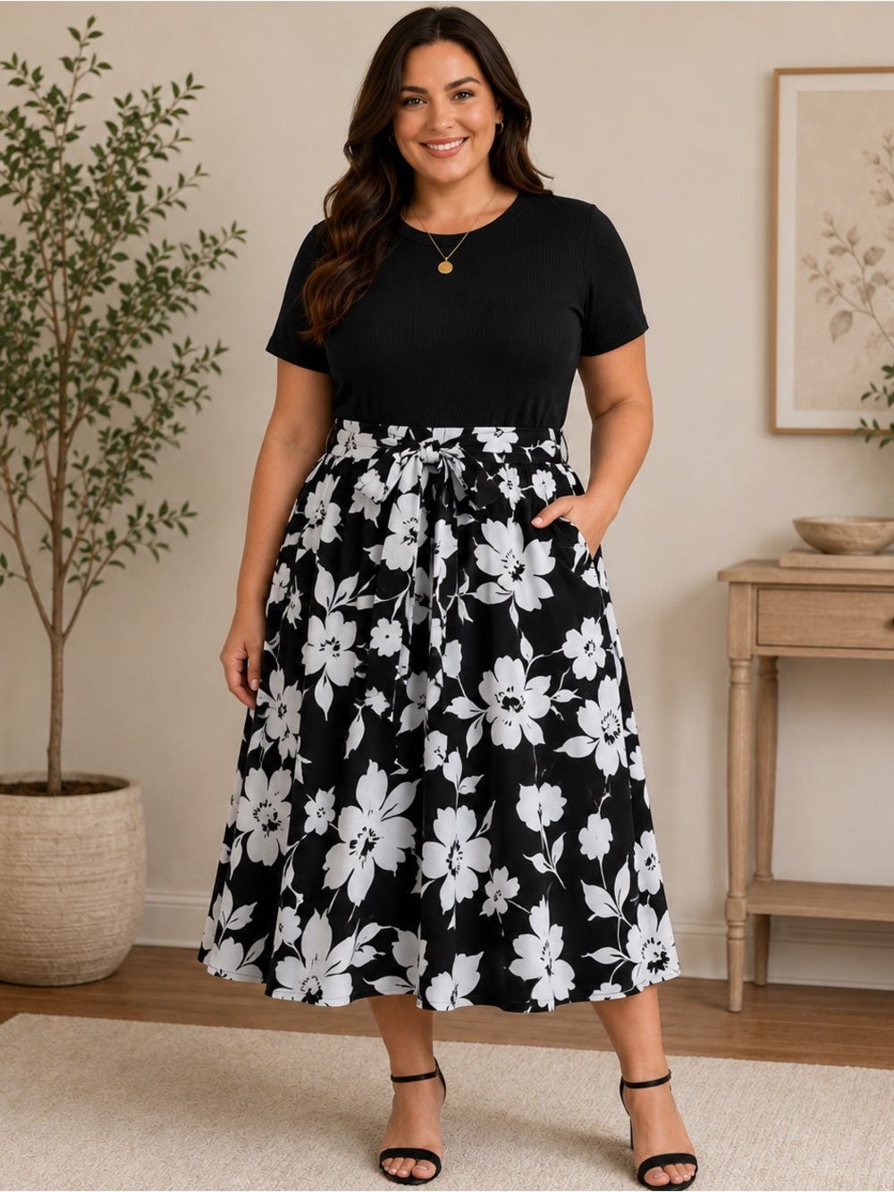 Zattcas XXL Black & White Floral Midi Dress | Tie Waist | Short Sleeve